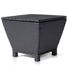 Outdoor PE Wicker Side Table with Storage, Small Patio Storage Bin Container for Hose Cushion Towel, Black