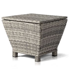 Outdoor PE Wicker Side Table with Storage, Small Patio Storage Bin Container for Hose Cushion Towel, Grey