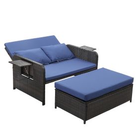 Patio Rattan Daybed Set, 2-in-1 Wicker Loveseat Sofa with Multipurpose Ottoman & Retractable Side Tray, 5-Level Adjustable Backrest