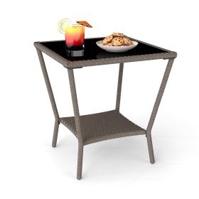 PPL Square Outdoor Patio Side Table with Glass Top - Durable Rattan & Metal Frame, Compact Wicker End Table with Storage Shelf for Garden, Balcon (Color: Taupe)