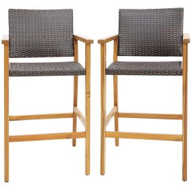 Set of 2 PE Wicker Patio Bar Chairs with Acacia Wood Armrests (Color: Mix Brown)
